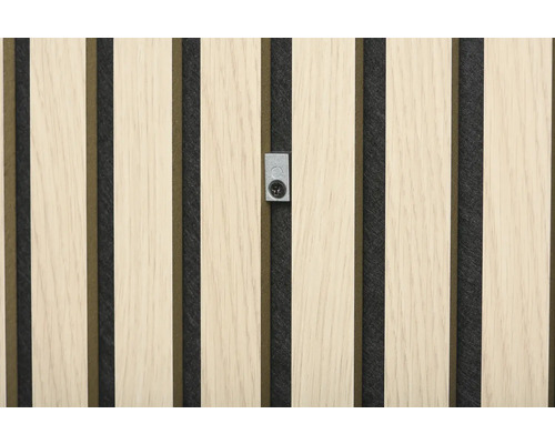 Nahaufnahme einer Akustikplatte mit Holzlatten und Befestigungsclip