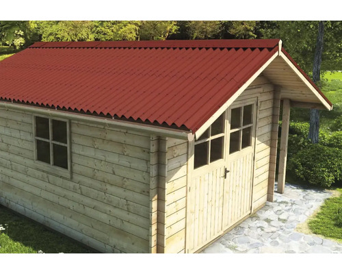 Holzgartenhaus mit rotem Dach