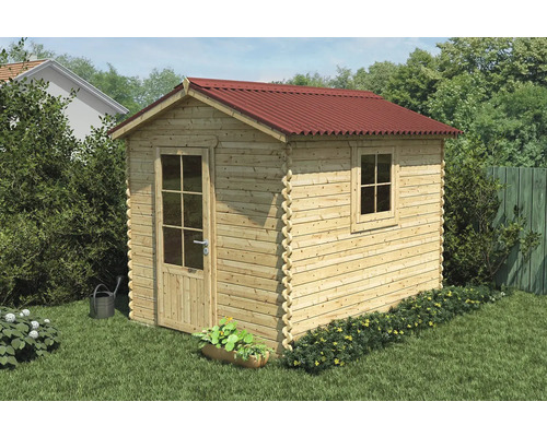 Holzgartenhaus mit Tür und Fenster im Garten