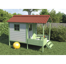 Spielhaus aus Holz mit Terrasse und Kugel