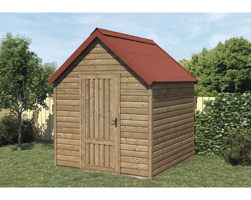 Holzgartenhaus mit Metalldach im Garten