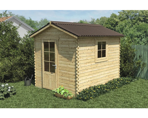 Gartenhaus aus Holz mit Fenster und Tür im Garten