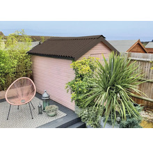 Szene mit einem Gartenhaus mit Wellblechdach, einem Stuhl und Pflanzen.