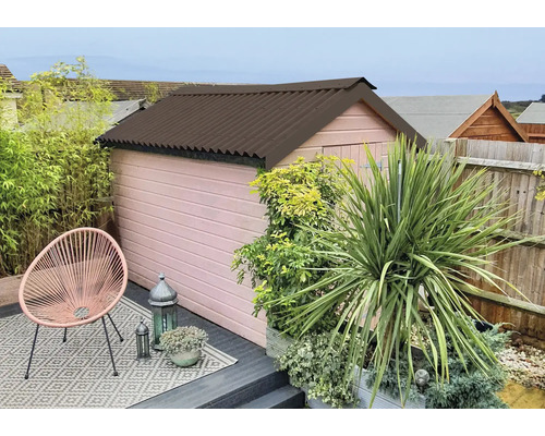 Szene mit einem Gartenhaus mit Wellblechdach, einem Stuhl und Pflanzen.