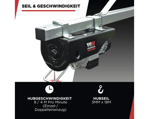 Warrior Winches Seilwinde mit einer Hubgeschwindigkeit von 8/4 Meter pro Minute und einem Hubseil von 3 Millimeter mal 18 Meter