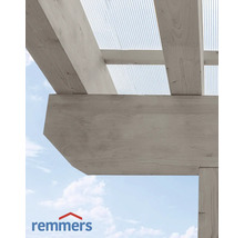 Holzkonstruktion mit transparenter Überdachung und Remmers Logo