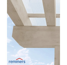 Detailaufnahme eines Holzrahmenbaus mit transparentem Dach und Remmers Logo.