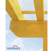 Detailansicht einer Holzkonstruktion mit transluzentem Dach und Remmers Logo