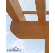 Holzkonstruktion mit durchsichtiger Bedachung und Remmers Logo