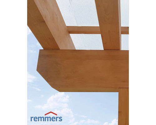 Construction en bois avec toiture transparente et logo Remmers