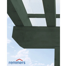 Holzkonstruktion mit Wellplatten und Remmers Logo