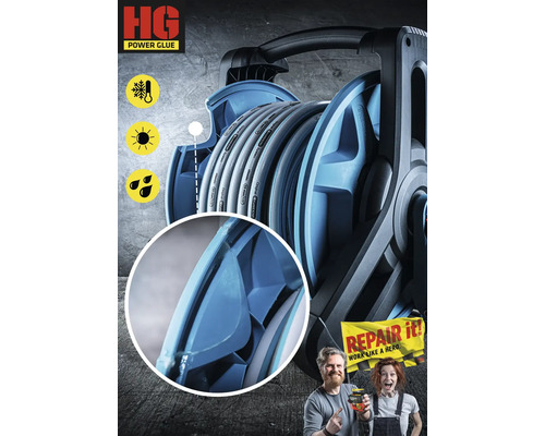 Gardena Classic Schlauchwagen mit Gartenschlauch, Symbole für Frostbeständigkeit, UV-Beständigkeit und Wasserdichtigkeit, HG Power Glue Logo