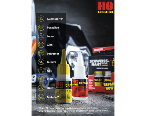 HG Power Glue pour plastiques, porcelaine, cuir, verre, polyester, caoutchouc, GFK, pierre, bois et métaux