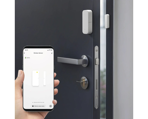 Contact de fenêtre et de porte avec commande par smartphone monté sur une porte