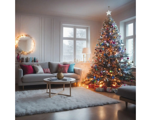 Salon avec canapé, table basse et sapin de Noël décoré