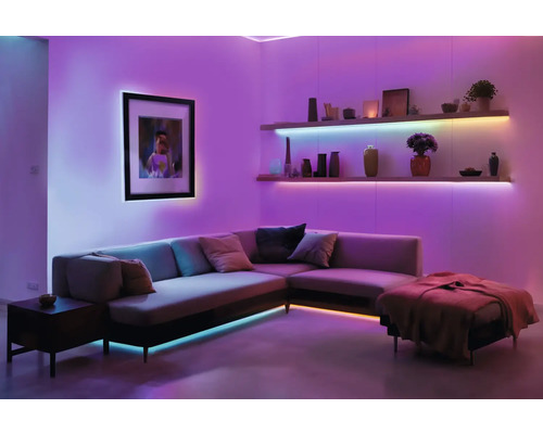 Salon avec canapé d''angle, étagères et tableau avec éclairage indirect