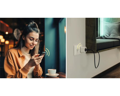 Smarte Steckdose im Innenbereich mit Frau, die ein Mobiltelefon benutzt