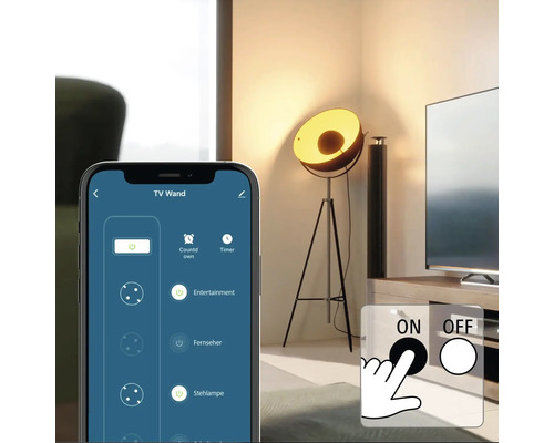 Smartphone mit Smart Home App und Stehlampe im Wohnzimmer