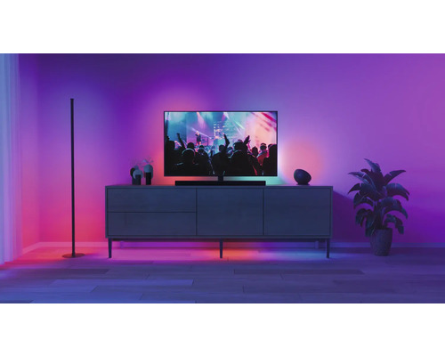Salon avec télévision, buffet, lampadaire et plante d''intérieur sous éclairage coloré