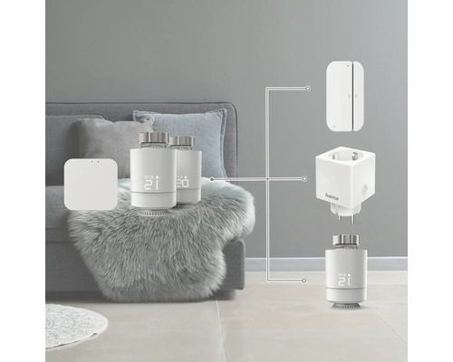 Abbildung eines Sets mit Heizkörperthermostaten, Zwischensteckern, Tür- und Fenstersensoren für ein Smart Home System.