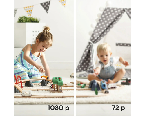 Vergleich von 1080p- und 72p-Auflösung mit spielenden Kindern und Holzeisenbahn