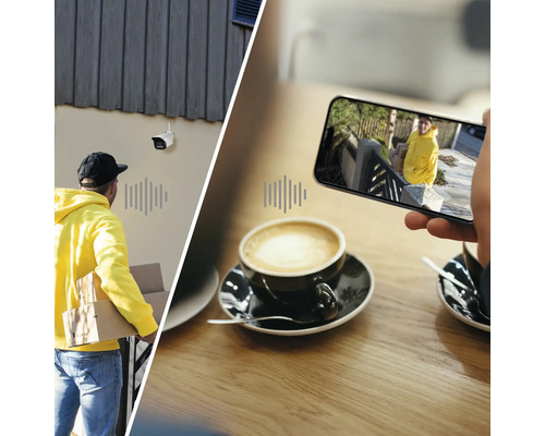 Szene zeigt eine Überwachungskamera im Einsatz, die Lieferung und mobile Überwachung kombiniert.