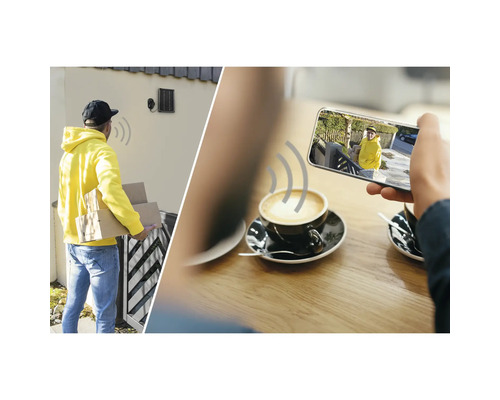 Person vor Überwachungskamera mit Solarpanel und Person, die das Kamerabild auf dem Smartphone betrachtet