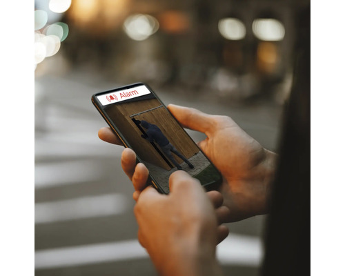 Eine Person hält ein Smartphone mit einer Sicherheitskameraaufnahme eines Einbrechers, Alarmbenachrichtigung