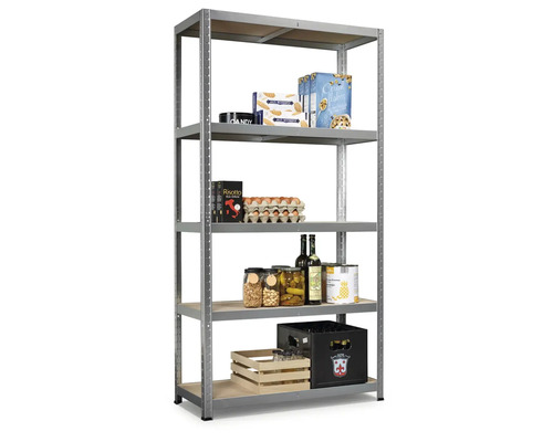Étagère métallique avec cinq tablettes, remplie d''aliments