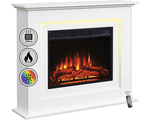 Weißer Elektrokamin mit 2000 Watt Heizleistung, dreifacher Flammeneinstellung und 13 Farben, inklusive Fernbedienung.