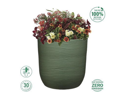 Blumentopf mit saisonaler Bepflanzung, 100 Prozent recycelbar, temperaturbeständig von -30 bis +60 Grad, 30 Jahre Erfahrung, Null-Emissions-Mission