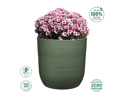 Blumentopf mit rosa blühender Pflanze, recycelbar, temperaturbeständig und mit 30 Jahren Erfahrung