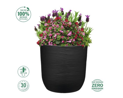 Schwarzer Pflanztopf mit Blumenarrangement, recycelbar, temperaturbeständig, 30 Jahre Erfahrung, Null-Emissions-Mission