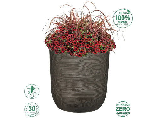 Blumentopf mit roter Bepflanzung und Gräsern, mit Symbolen für Temperaturbeständigkeit, recycelbares Material und Unternehmensmission.