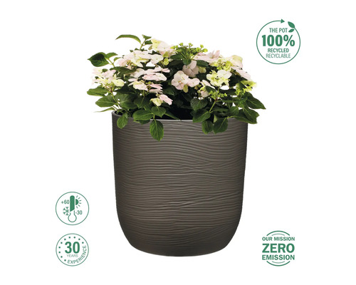 Blumentopf mit Pflanze und den Symbolen: recycelbar, temperaturbeständig, 30 Jahre Erfahrung und Null-Emissions-Mission