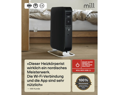 Mill Heizkörper mit WiFi Funktion und zugehörigen Auszeichnungen.