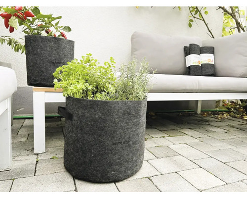 Scène avec deux bacs à fleurs en feutre gris contenant des plantes sur une terrasse