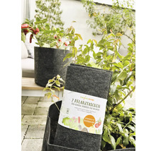 Deux sacs de plantation en feutre pour légumes, herbes aromatiques et fleurs avec poignées et label Fabriqué en Allemagne.