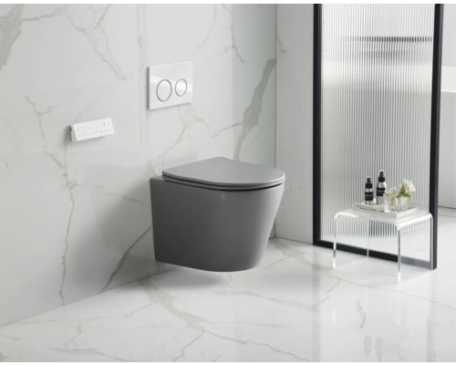 Salle de bains moderne avec WC suspendu, plaque de commande et paroi en verre