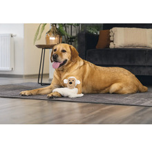 Un labrador est allongé sur un tapis dans le salon avec un jouet pour chien.