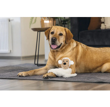 Un labrador est allongé sur un tapis avec une peluche de mouton.