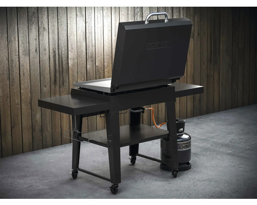 Gril à gaz avec couvercle ouvert, étagères et bouteille de gaz