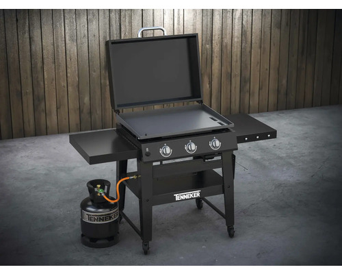 Chariot de barbecue à gaz Tenker avec plaque de cuisson, tablettes latérales et bouteille de gaz
