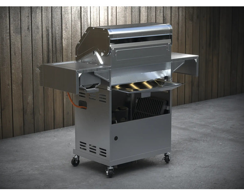 Grill à gaz en acier inoxydable avec étagères et roulettes