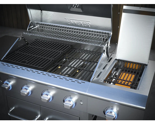 Barbecue à gaz Tenneker avec couvercle ouvert et grilles de cuisson