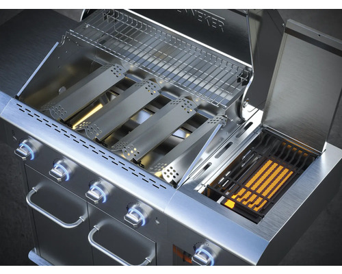 Gril à gaz en acier inoxydable avec couvercle ouvert et grilles