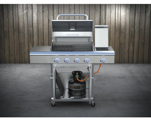 Gril à gaz en acier inoxydable avec quatre brûleurs, grilles de cuisson et une bouteille de gaz