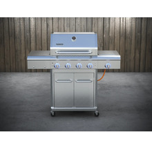 Barbecue à gaz en acier inoxydable avec quatre brûleurs, surfaces de rangement, portes et roulettes