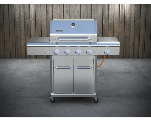 Barbecue à gaz en acier inoxydable avec quatre brûleurs, surfaces de rangement, portes et roulettes