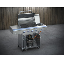 Grill à gaz en acier inoxydable avec couvercle ouvert et bouteille de gaz dans le meuble bas